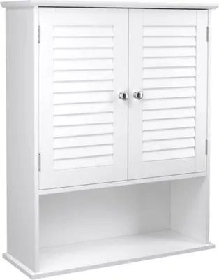 A white bathroom cabinet with louvered doors and an open shelf.