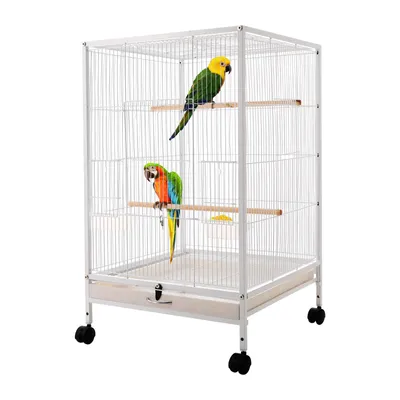 Image de Cage à oiseaux avec roulettes pour perroquets, moineaux, inséparables 46*46*94 cm Blanc