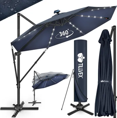 A navy blue cantilever umbrella with solar-powered LED lights, shown in various configurations including open, closed, and with a protective cover. The umbrella is displayed on a white background with other product accessories.