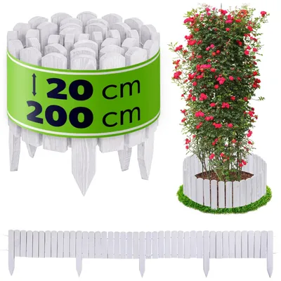 Produktbild von KADAX Beeteinfassung aus Holz, 200 x 20 cm, Holzzaun für Blumenbeet & Gemüsebeet, flexible Rasenkante für Garten, dekorative Rollzaun, Beetumrandung in Weiß