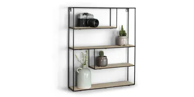A rectangular wall shelf with four wooden shelves and a black metal frame, decorated with a camera, two potted plants, and a vase with dried flowers.