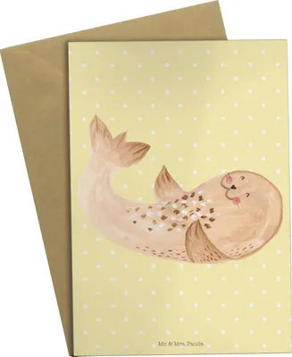 Produktbild von Mr. & Mrs. Panda Grußkarte Robbe Liegen - Gelb Pastell - Geschenk, Meerestier, genesungskarte, einladungskarten, hochzeitskarten, Lustige Sprüche, Nordsee, Strand, Lachen