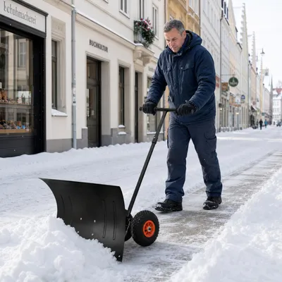 Produktbild von UISEBRT Schneeschieber mit Rollen, 5-fach höhenverstellbarer Schiebebügel, winkelverstellbare Schneeschaufel, zerlegbar, Schnee Räumer mit Luftreifen