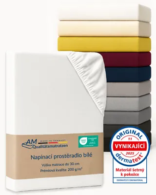 Obrázek produktu pro AM Qualitätsmatratzen | Prémiové prosteradlo 120x220 cm | Bavlna (200 g/m2) v bílé barve | Vyrobeno v Nemecku | Prosteradlo s certifikátem OEKO TEX | Jersey prosteradlo | Prosteradla | Bavlna |120 x 220 cm