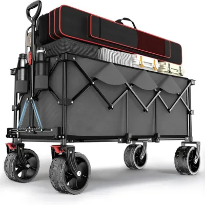 Obrázok produktu pre Ručný vozík – XXL, skladací transportný vozík – objem 300 litrov – nosnosť 200 kg – rozširiteľný – pneumatiky vhodné do terénu, 17 x 10 cm – sivá farba