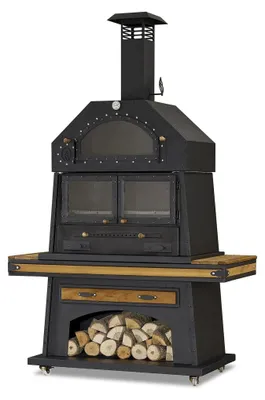 Produktbild von Eleganter schwarzer Grillkamin aus Holz und Edelstahl
