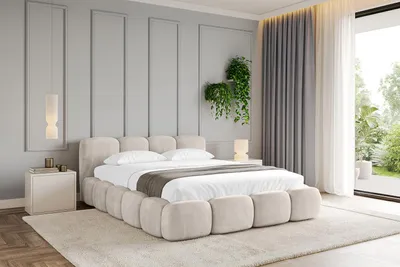 A bedroom scene with a bed, nightstand, and curtains.