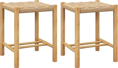 Two wooden bar stools with woven seats are shown against a white background.