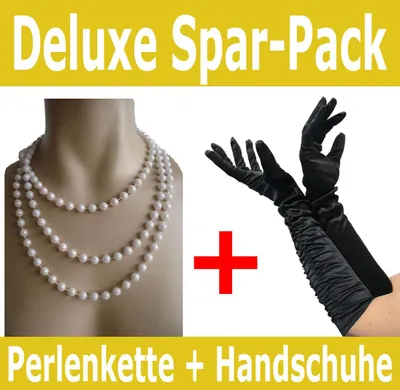 Produktbild von Foxxeo 50002 Spar-Pack | schwarze 20er Jahre Deluxe Handschuhe und Perlenkette | Mafia Charleston Deluxe Set