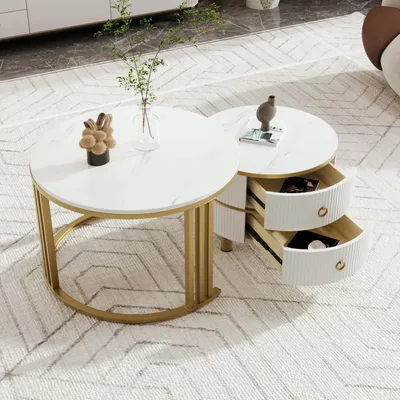 Image de OKWISH Table Basse Ronde 2-en-1 - Ensemble de Tables Gigognes MDF et Métal, Plateau Marbre Blanc et Doré - 70x70x46 + 50x50x40 cm