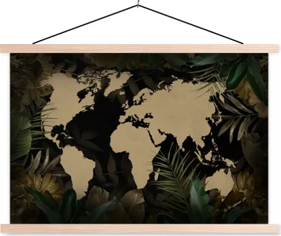 Produktbild von MuchoWow® Textilposter Weltkarte - Tropische Pflanzen - Blumen 60x40 cm mit holzfarbenen Rahmen - Bilder