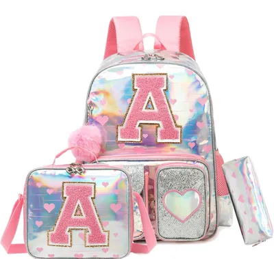 Immagine prodotto di Zaino per scuola, set da 3 pezzi per bambine, con borsa per il pranzo e astuccio, rosa, con la lettera A