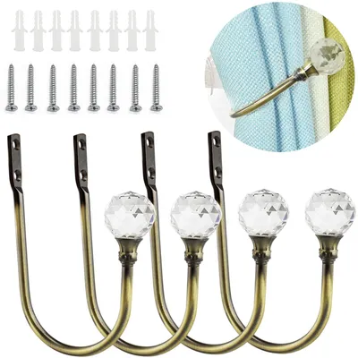 4er-Set Gardinenhalter U-Form, Metall mit Kristallkugeln, 15x7,5 cm