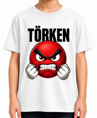 Produktbild von TÖRKEN wütender Emoji rot geballte Fäuste Comic Uni Kinder T-Shirt roter Smiley Comic, Weiß, 140