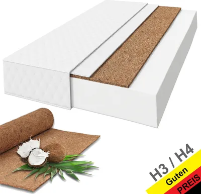 A cross-section of a mattress showing its different layers, alongside a visual representation of its coconut fiber material.