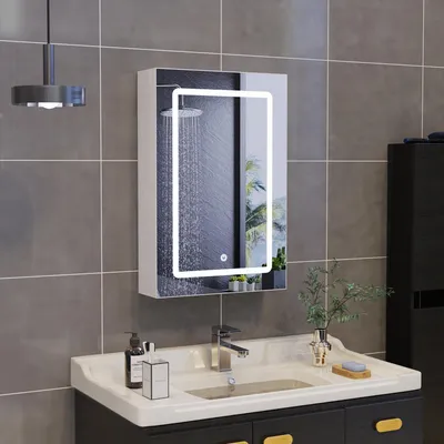 A bathroom vanity with a sink, faucet, and a lighted medicine cabinet mounted on a tiled wall.