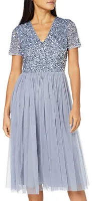 Produktbild von Maya Deluxe Damen Midi-Kleid mit V-Ausschnitt, Verziert Brautjungfernkleid, Dust