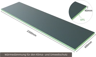 A long, thin insulation board is shown diagonally with dimensions and material type indicated.
