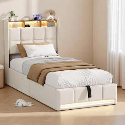 Obrázek produktu pro Postel UnboxG, rozměr 90x200 cm, s úložným prostorem, hydraulickým zvedákem, LED osvětlením, USB a Type-C nabíjecími porty, čelem s úložným prostorem, roštem a potahem z lněného materiálu, barva béžová