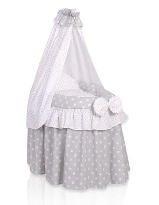 Produktbild von Dollwagen für Puppen mit grauer Bekleidung - Handgefertigtes Babybett mit komplettem Bettwäsche-Set