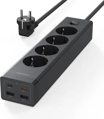 Zdjęcie produktu dla Listwa zasilająca z 4 gniazdami - 2 portami USB-C i 2 portami USB-A - 2-metrowy przedłużacz 8 w 1 - Listwa zasilająca ze włącznikiem/wyłącznikiem