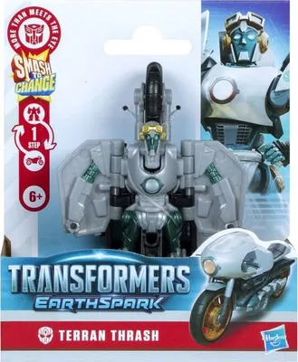 The image shows the packaging of a Transformers Earthspark Terran Thrash toy.