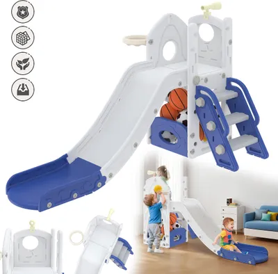 Obrázek produktu pro LARS360 Dětská skluzavka 5 v 1 - skluzavka, šplhací věž, basketbalový koš, domeček s úložným prostorem, vnitřní/venkovní dětská herní sestava