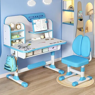Produktbild von Kinder-Schreibtisch- und Stuhl-Set, neigbarer Schreibtisch mit Buchständer, LED-Licht, Aufbewahrungsschublade und Metallhaken, Lerntisch, Schreibtafel für Schlafzimmer, Blau
