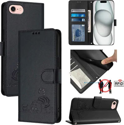 Produktbild von Leder Hülle für iPhone SE4 Süße Katze Flip Case Brieftasche Schutzhülle mit Standfunktion Schwarz