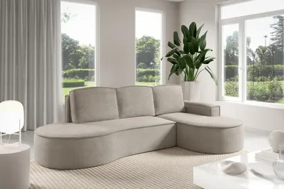 Immagine prodotto di Divano angolare MOLLY di GUTTO dalla forma arrotondata in cappuccino con tessuto velour - forma arrotondata moderna! Nuovo 2025 (con funzione letto)