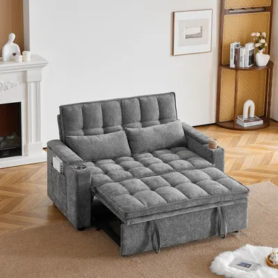 Image de Canapé-lit 3 en 1, 142 cm, avec fonction couchage, coussins pour l'assise et le dossier, 2 coussins lombaires, espace de rangement et porte-gobelets