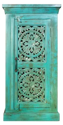 Produktbild von Indische Kommode kleiner Schrank aus Mangoholz mit Schnitzerei Orientale Einrichtung Türkis Antik Design 100cm