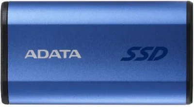 A close-up, front-facing view of a blue ADATA SSD external hard drive.