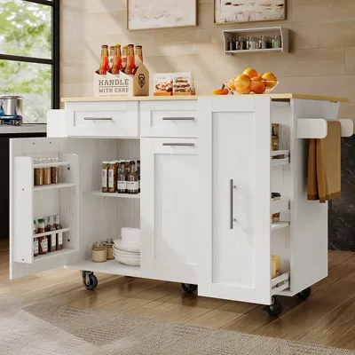 Image de OKWISH Îlot de Cuisine - Meuble Multifonction avec Plan de Travail Extensible, Espace de Rangement, Blanc