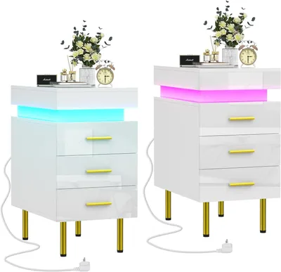Produktbild von 2x LED Nachttisch mit Steckdose,Schmal Nachtschrank 35cm Breit,Weiß Hochglanz Kommode mit Schubladen Beistelltisch Sofatisch für Schlafzimmer 35x55x60