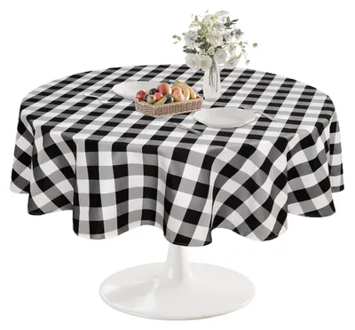 Productafbeelding van Ronde tafelkleed, 140 cm, geruit, afwasbaar, weerbestendig, vlekbescherming, waterdicht, zwart en wit