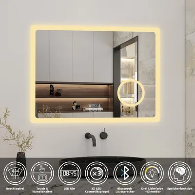 Produktbild von Badspiegel mit Bluetooth 70×50cm Uhr Schminkspiegel Warm/Neutral/Kaltweiß dimmbar Touch Beschlagfrei Wandspiegel Spiegel mit Explosionsgeschützte