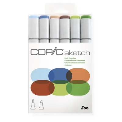 Obrázek produktu pro Copic Sketch Earth Essentials, 6 kusů, Vícebarevný, Zkosený/štětcový hrot, Kulatý, Inkoust na alkoholové bázi, Dospělý/dítě