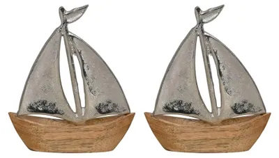 Produktbild von 2tlg. Dekoboot SAILING braun silber aus Holz und Aluminium H14cm Segelschiff