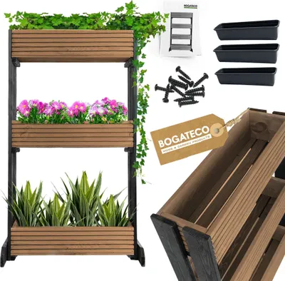 Produktbild von Set mit 3 Blumentöpfen auf einem Ständer | 3er Set Blumentopf Pflanzkübel 64x20cm | Holz Blumenkübel für Tomaten und Blumen, Pflanzentopf für Garten Balkon | 120cm Hoch DARK BROWN