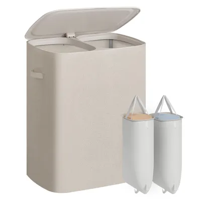 Obrázek produktu pro SONGMICS Koš na prádlo s víkem, 2 přihrádky, třídič prádla, objem 160 litrů, rozměry 56 x 40,5 x 70 cm, béžová barva