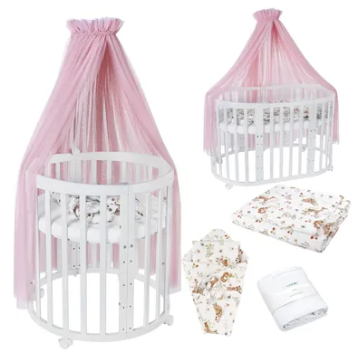 Produktbild von Waldin Babybett OWAL Kinderbett 7in1 mit Matratze, mitwachsendes Kinder-Bett,Stoffe Rosa Tiere,Holz weiß