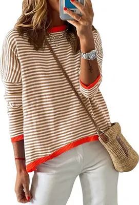 Image de ASKSA Femme Pull rayé col rond manches longues Sweat décontracté Pull élégant en maille Sweatshirt, Marron, XL