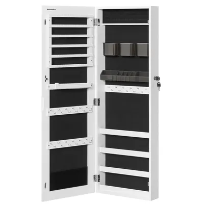 Produktbild von SONGMICS Schmuckschrank hängend, abschließbarer Spiegelschrank, Wandschrank mit rahmenlosem Ganzkörperspiegel und 2 separaten Make-up-Organizern, Hängeschrank, Weiß JJC001W01