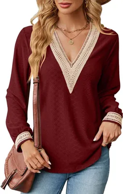 Image de ASKSA Femme Col V Manches Longues T-shirt Elégant Blouse Epissure Dentelle Casual Manches Longues Tunique Tops, Vin Rouge, XXL