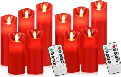 Image de Bougies Vlam à flamme vacillante - 10 pièces - Réalistes - Minuterie - Bougies chauffe-plat - Rouges - Télécommande - Incluses
