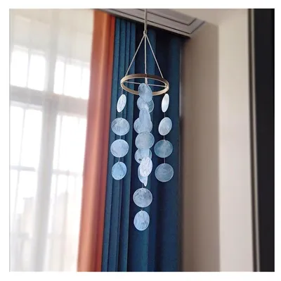 Image de Mobile éolienne en forme de coquillage, multicolore, en capiz, à suspendre, ornement nacré, guirlande de clochettes, décoration de fenêtre, 73 cm, bleu