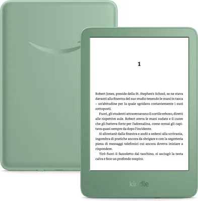 A green Amazon Kindle e-reader is shown from a slightly angled front view, with the screen displaying text. Another Kindle is visible in the background, slightly out of focus.
