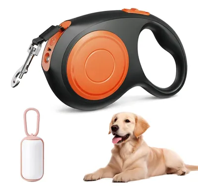 Immagine prodotto di Guinzaglio retrattile da 8 metri per cani di piccola taglia, fino a 30 kg, con dispenser per sacchetti igienici, colore arancione