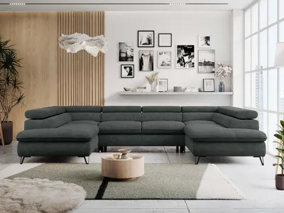 Produktbild von Ecksofa, Universelles, Schlaffunktion, Bettkasten, U-förmig, einstellbare Kopfstützen, Bettsofa - PETER U - Struktur - Dunkelgrau